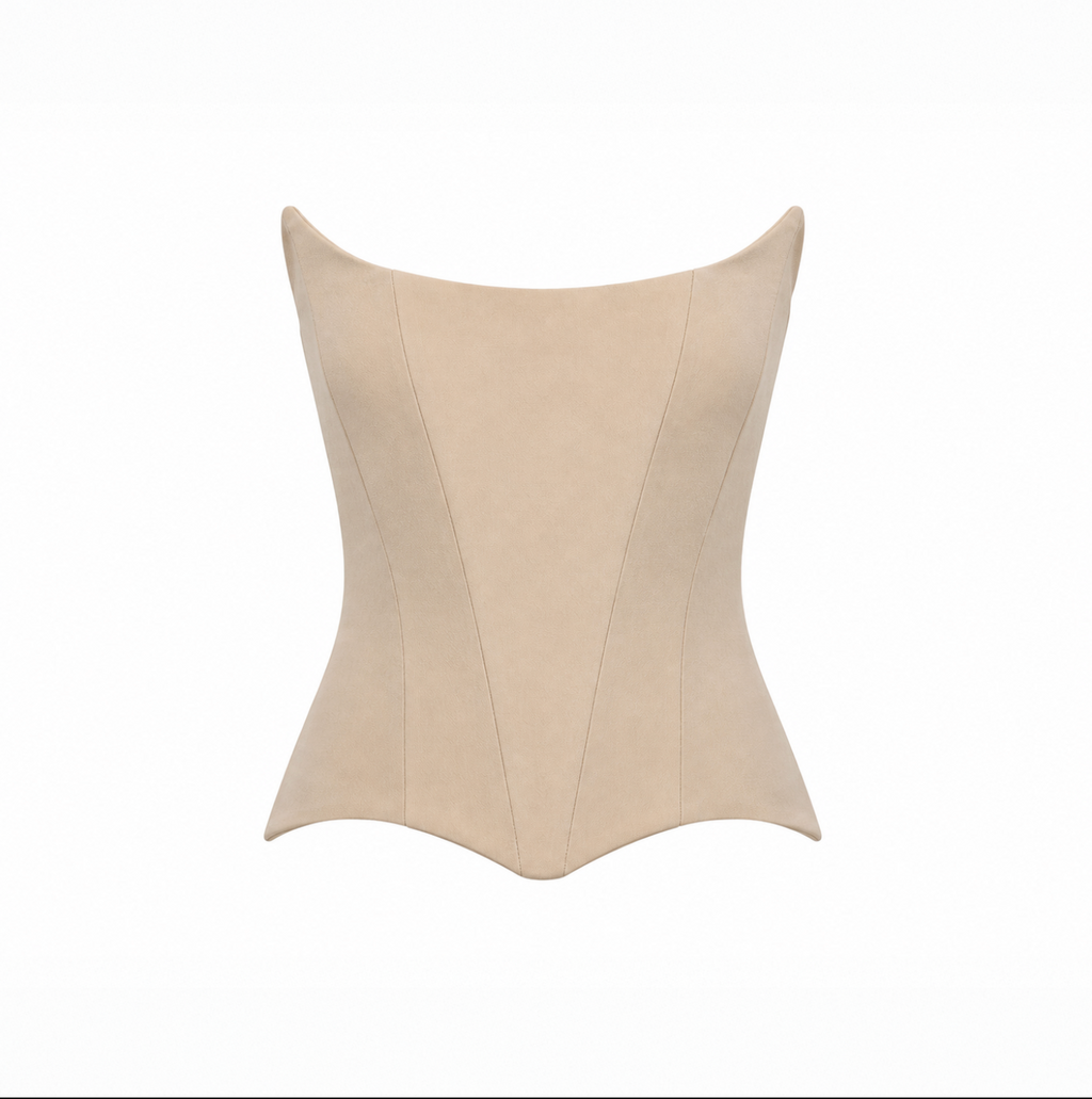 Front view of a sand structured corset top with a minimalist silhouette on a light grey background.
