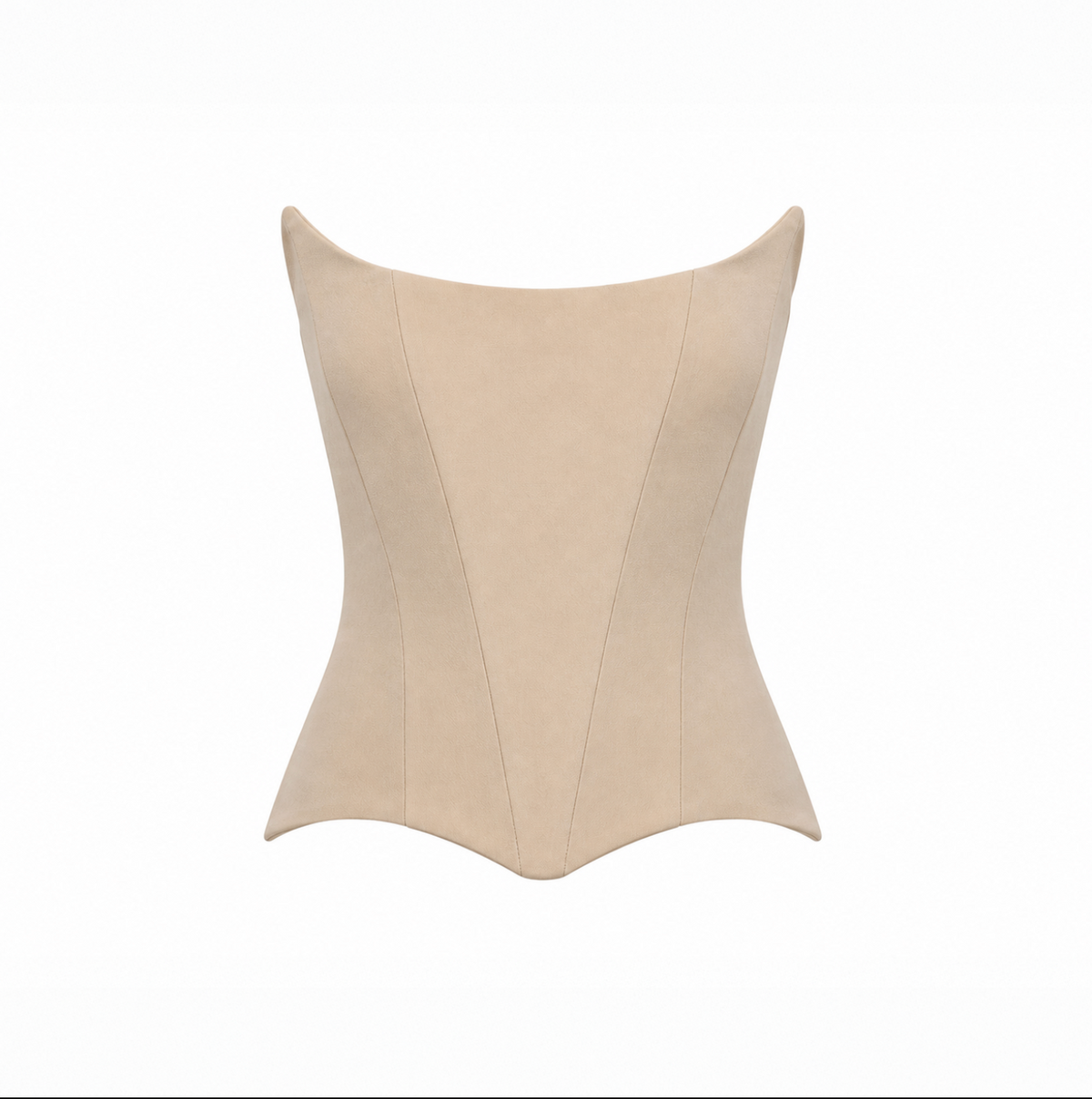 Front view of a sand structured corset top with a minimalist silhouette on a light grey background.
