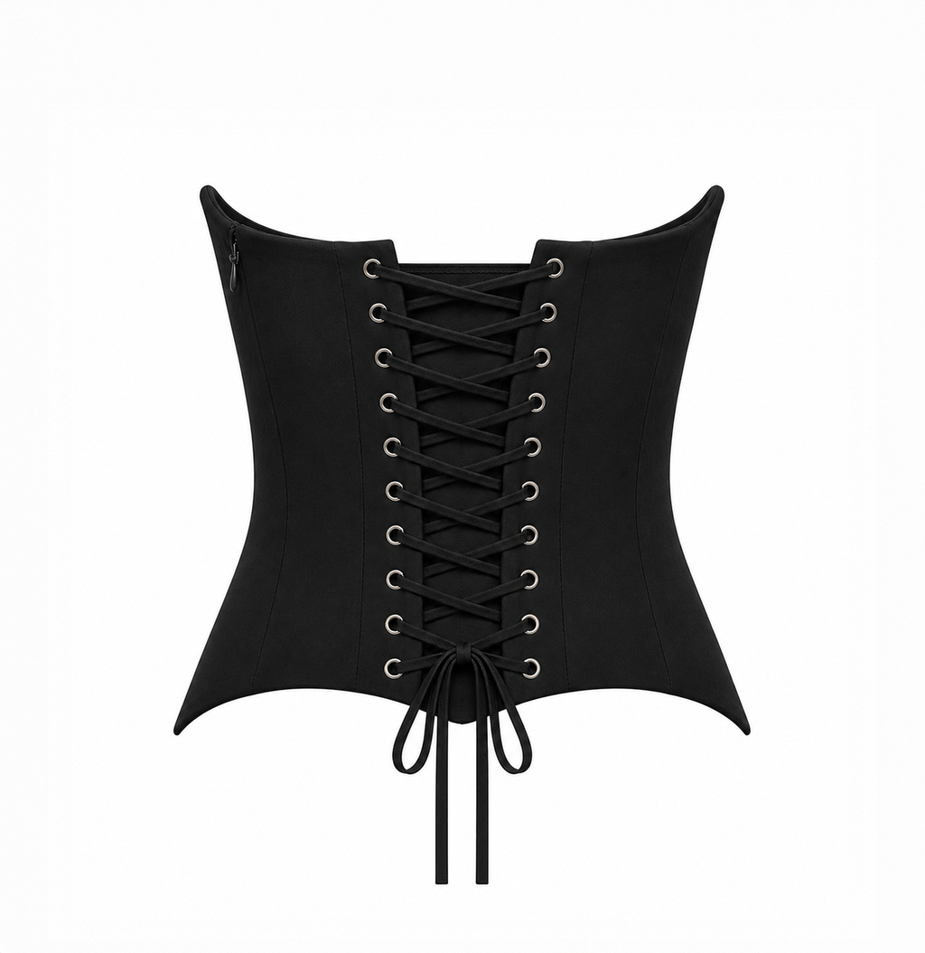 Back view of a black corset top featuring lace-up detailing on a light grey background.