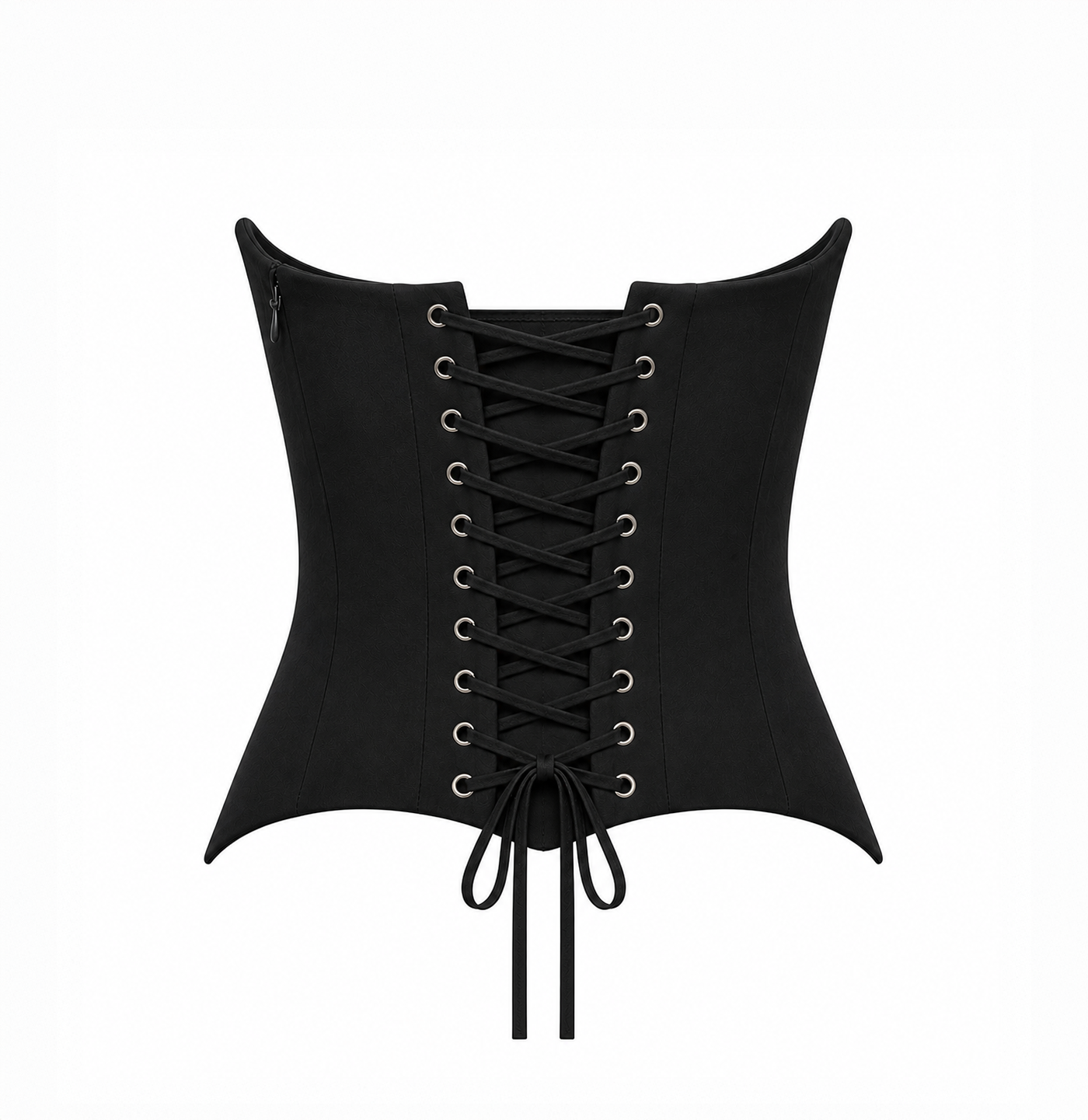 Back view of a black corset top featuring lace-up detailing on a light grey background.