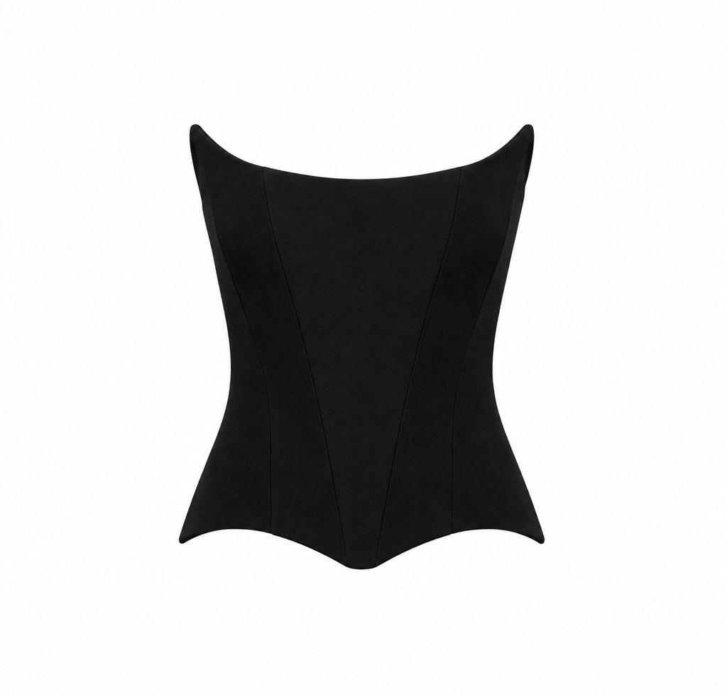 Front view of a black structured corset top with a minimalist silhouette on a light grey background.