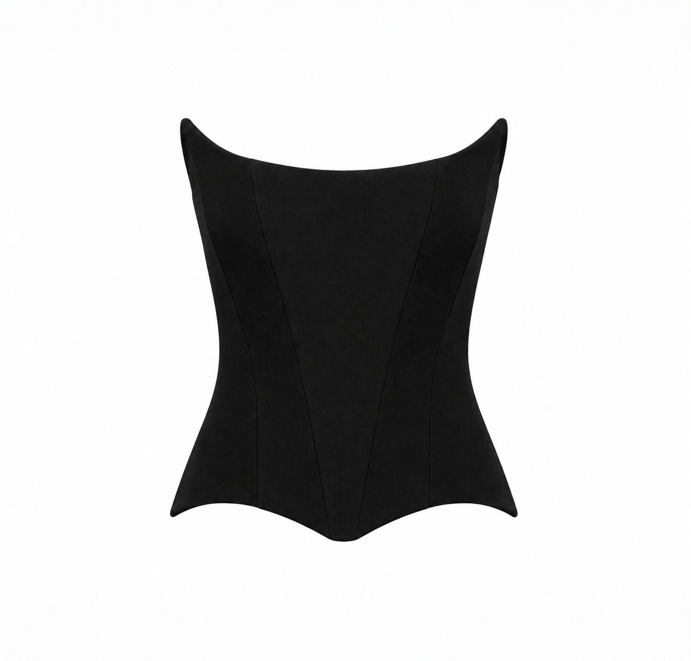 Front view of a black structured corset top with a minimalist silhouette on a light grey background.