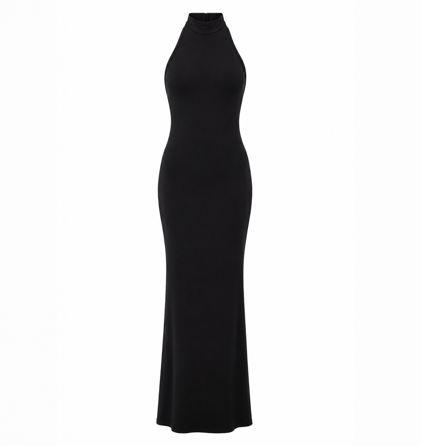 Black halter neck maxi dress with a fitted silhouette and minimalist design on a light grey background.