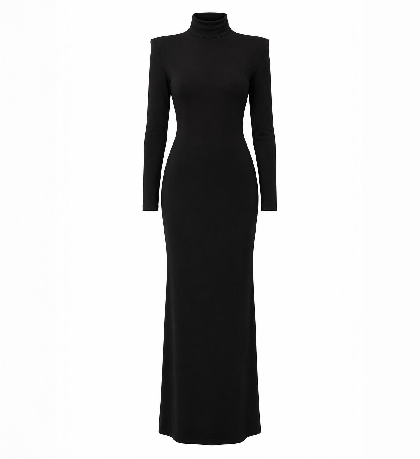 Front view of a black long sleeve maxi dress with a high neckline and fitted silhouette on a light grey background.