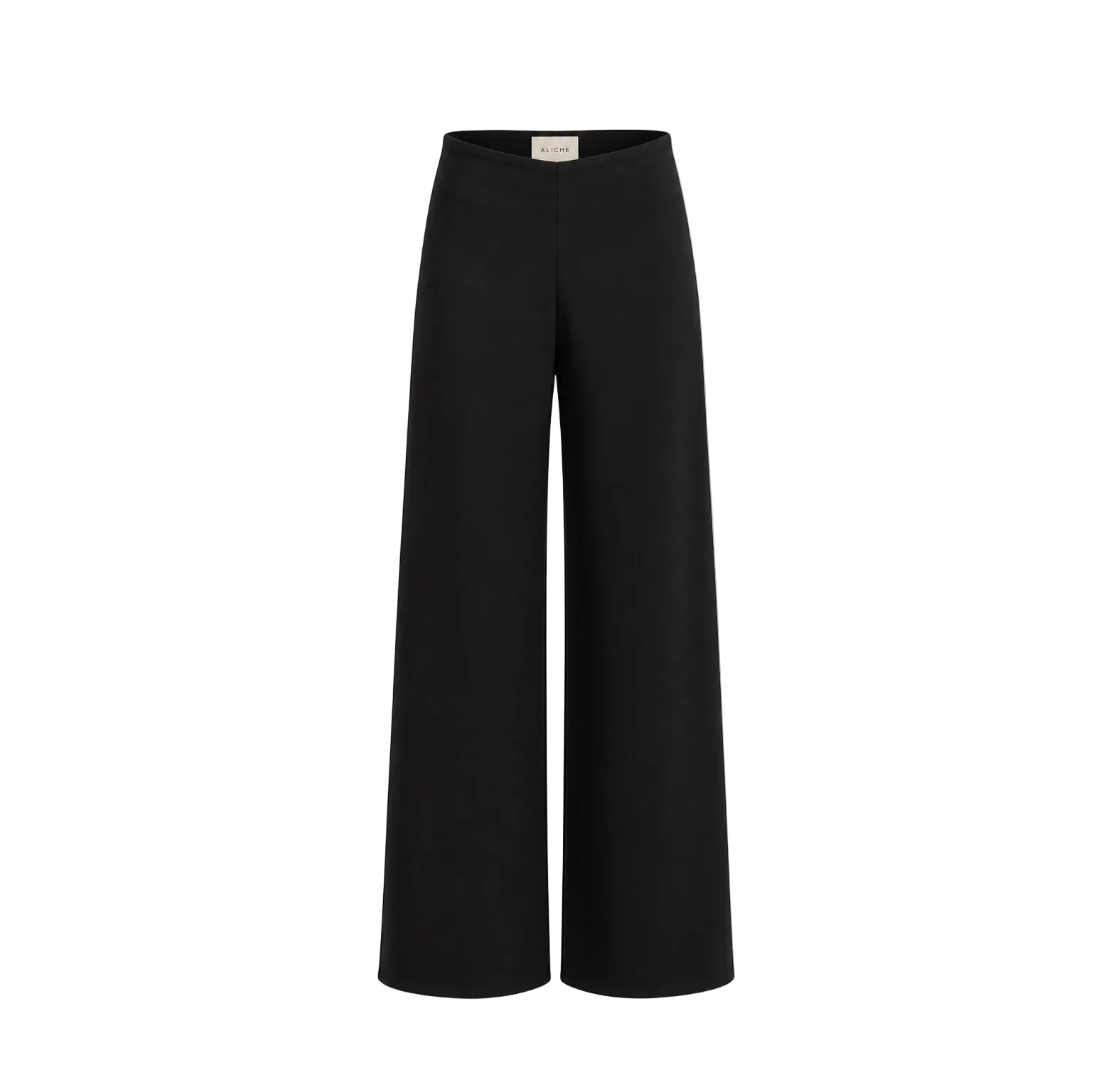 Front view of black high-waisted wide-leg trousers with a minimalist tailored silhouette on a light grey background.