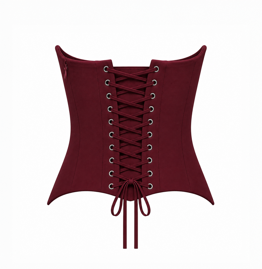 Back view of a burgundy corset top featuring lace-up detailing on a light grey background.