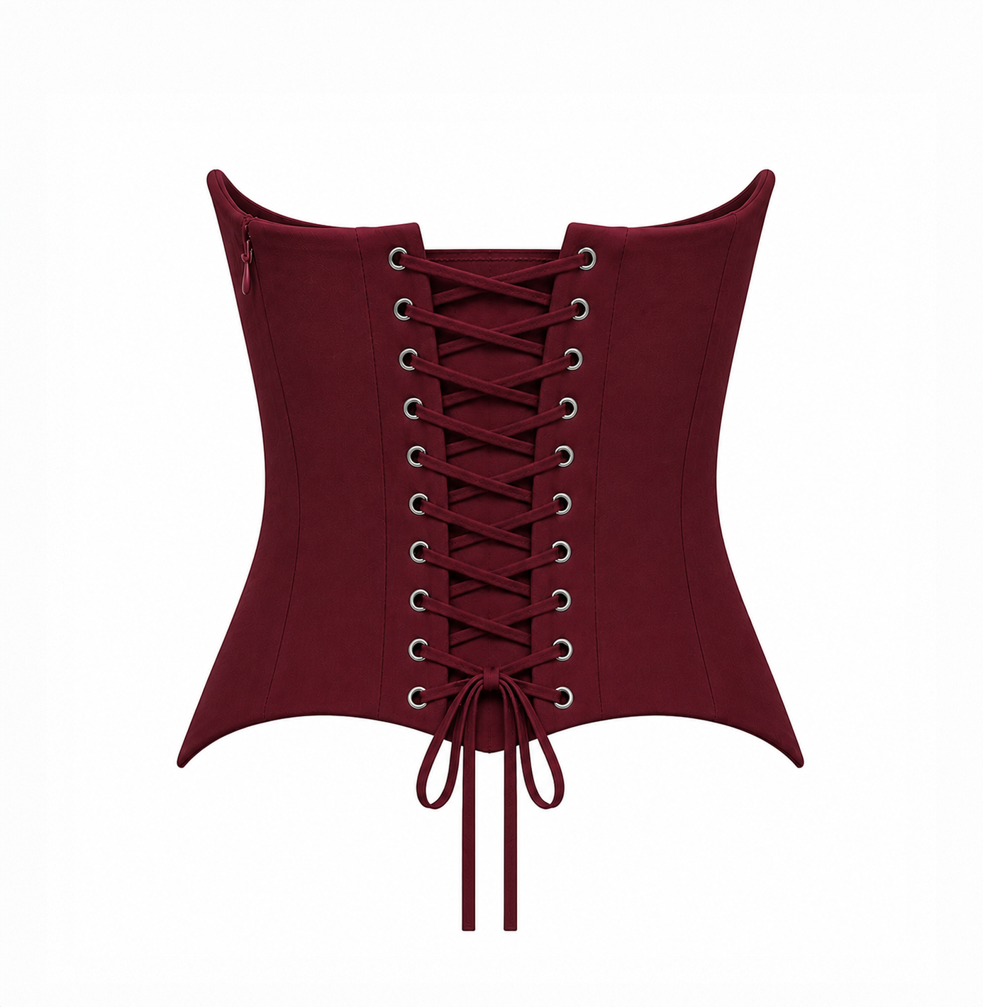 Back view of a burgundy corset top featuring lace-up detailing on a light grey background.