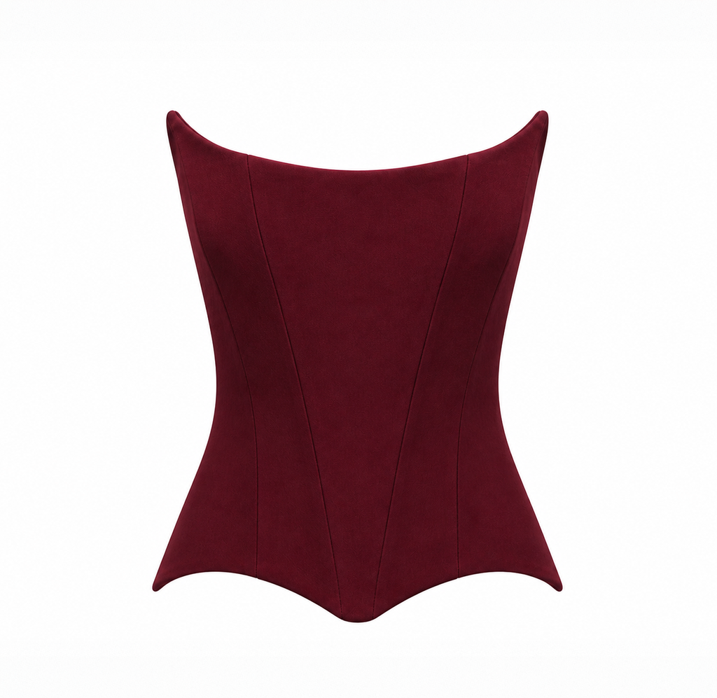 Front view of a burgundy structured corset top with a minimalist silhouette on a light grey background.