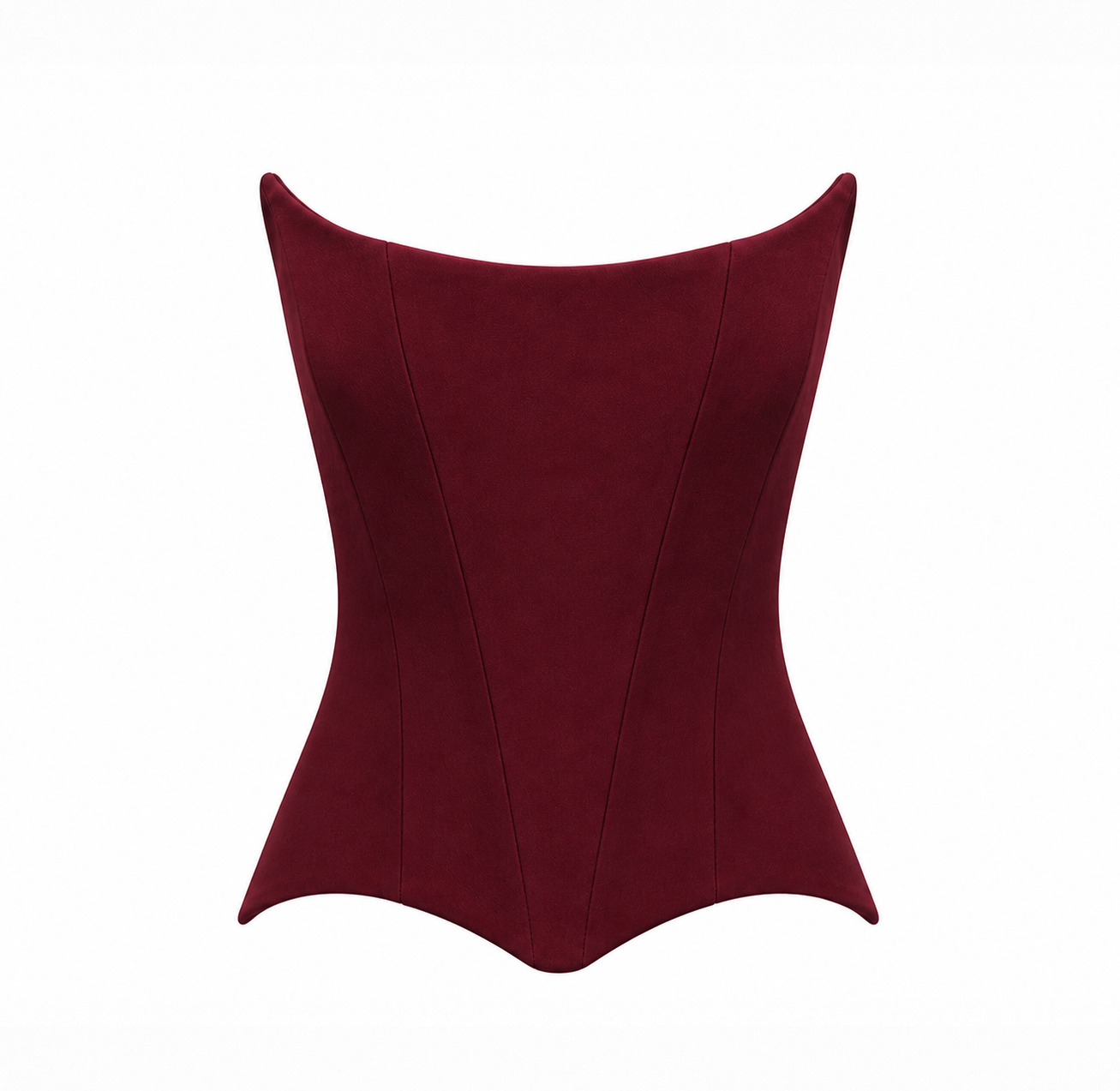 Front view of a burgundy structured corset top with a minimalist silhouette on a light grey background.