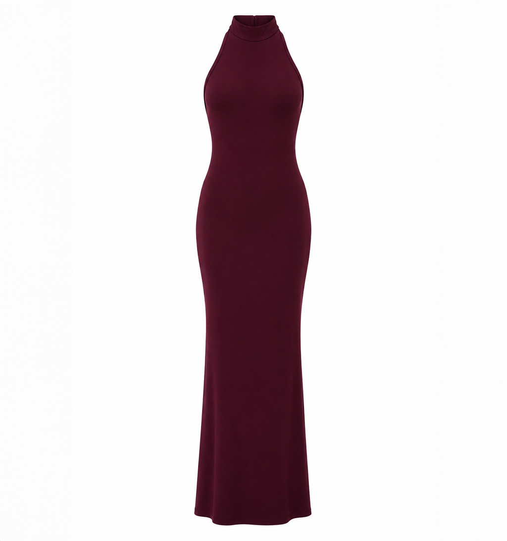 Sleeveless burgundy halter neck maxi dress with a fitted silhouette on a white background.