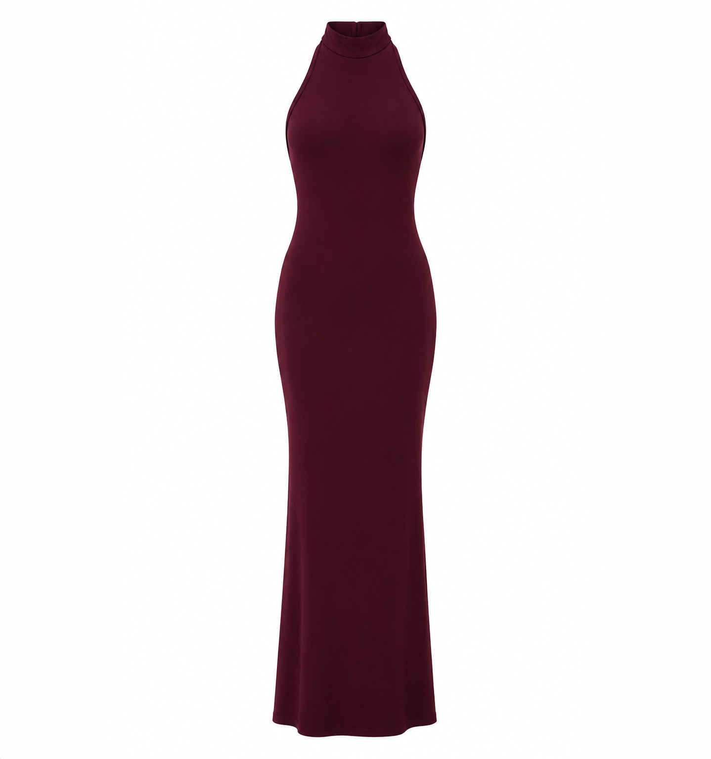 Sleeveless burgundy halter neck maxi dress with a fitted silhouette on a white background.