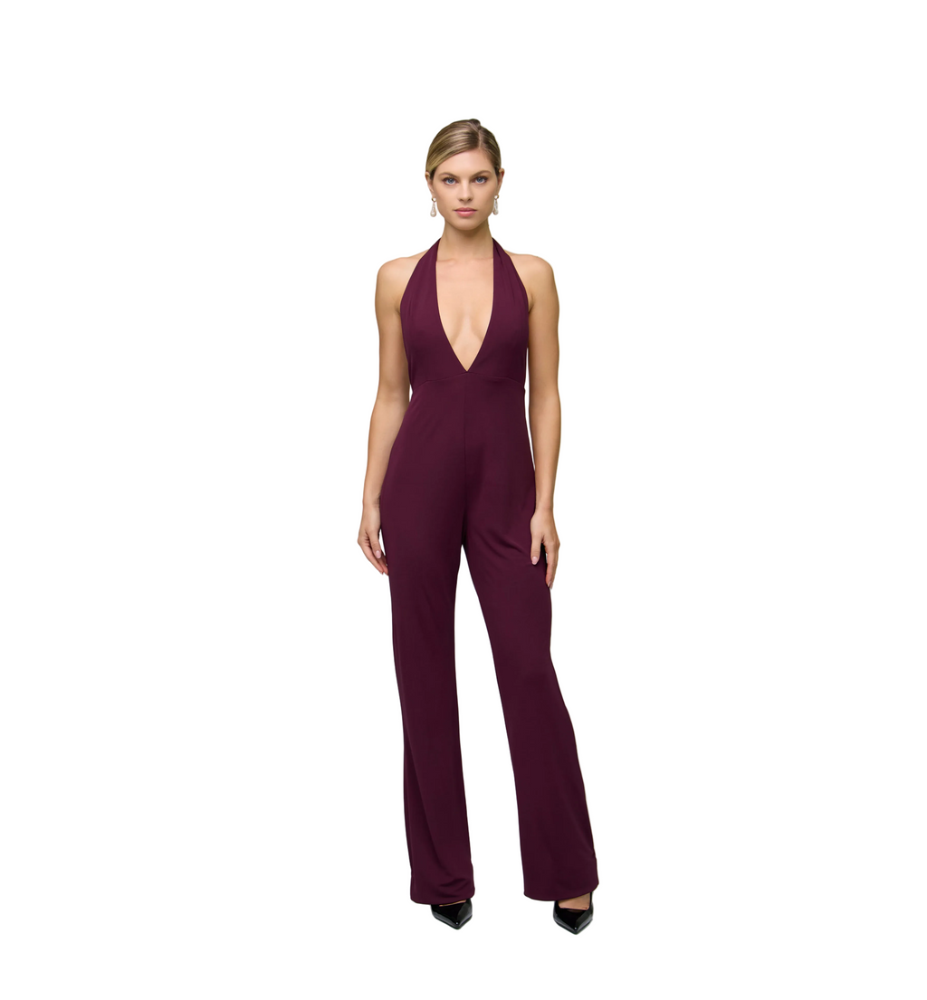 Jumpsuit in Burgundy, with  deep V neckline and low back
