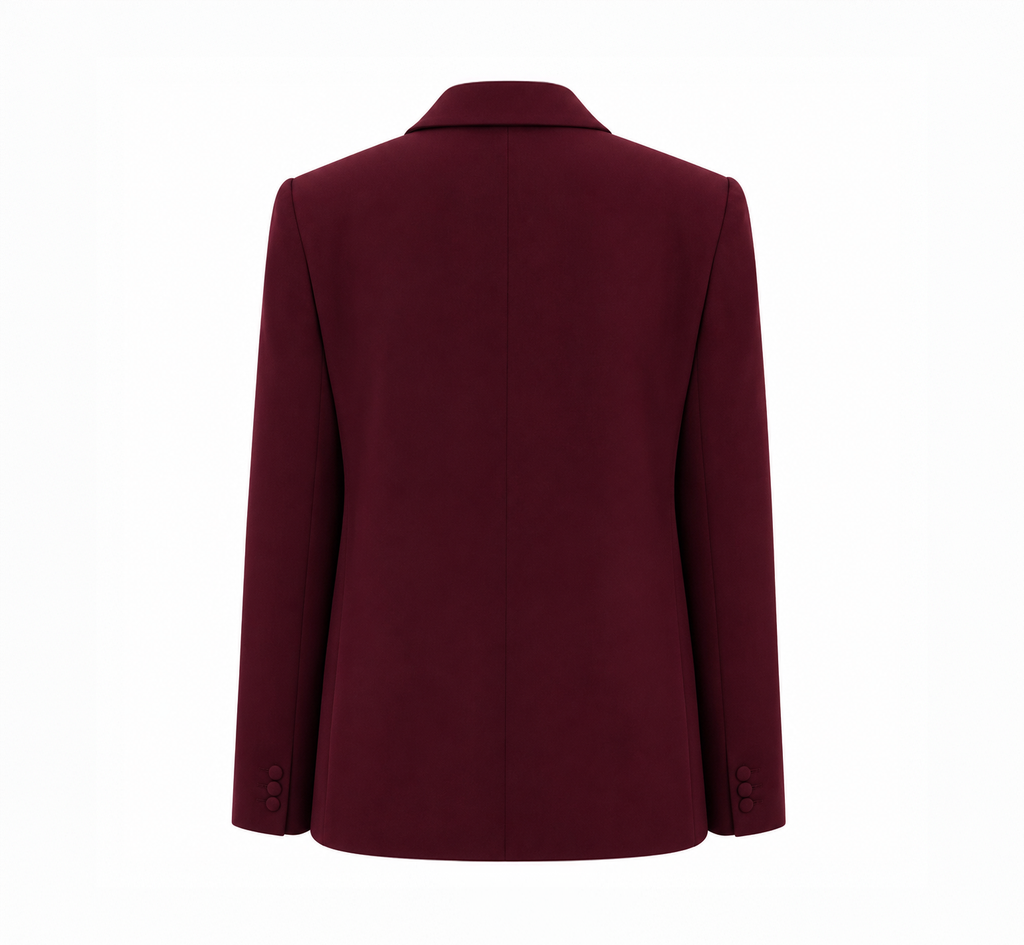 Back view of a burgundy tailored blazer on white background.