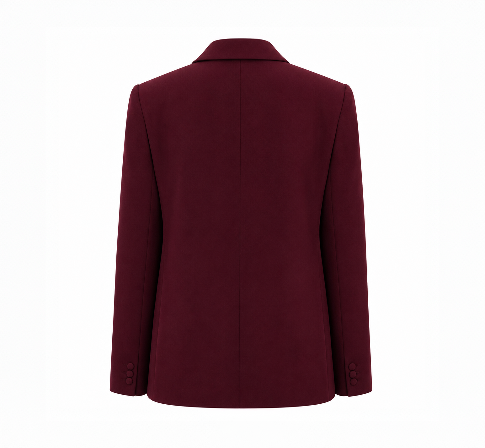 Back view of a burgundy tailored blazer on white background.