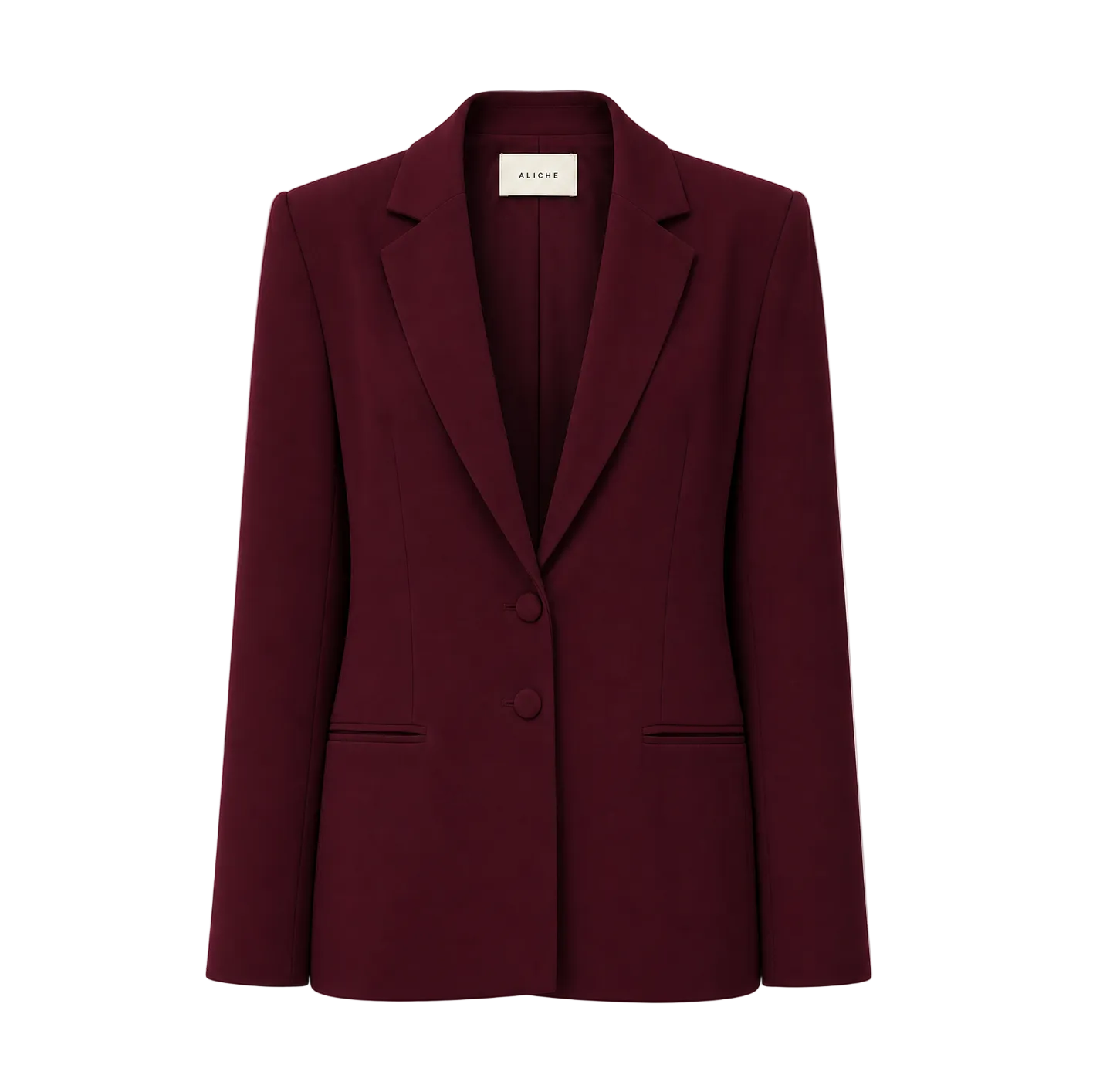 Front view of a burgundy tailored blazer with a structured silhouette and notch lapel on a light grey background.