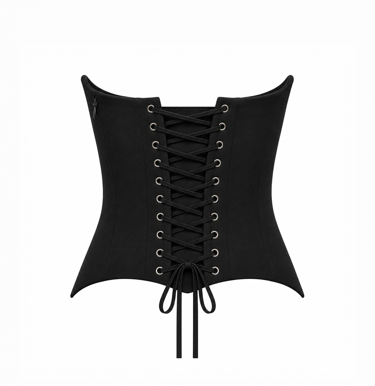Back view of a black corset top featuring lace-up detailing on a light grey background.