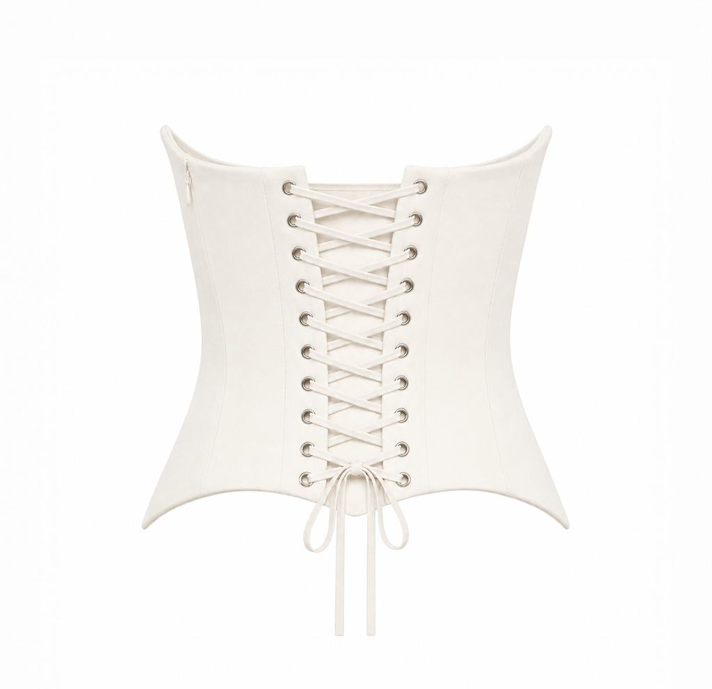 Back view of a off whitecorset top featuring lace-up detailing on a light grey background.
