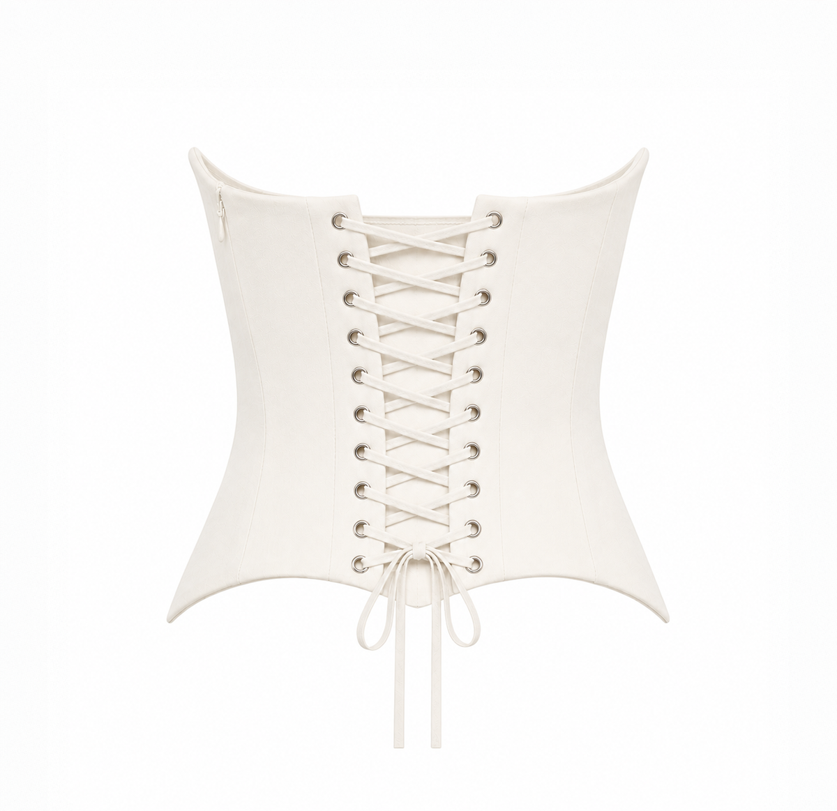 Back view of a off whitecorset top featuring lace-up detailing on a light grey background.