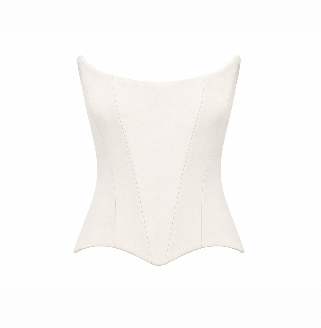Front view of a white structured corset top with a minimalist silhouette on a light grey background.