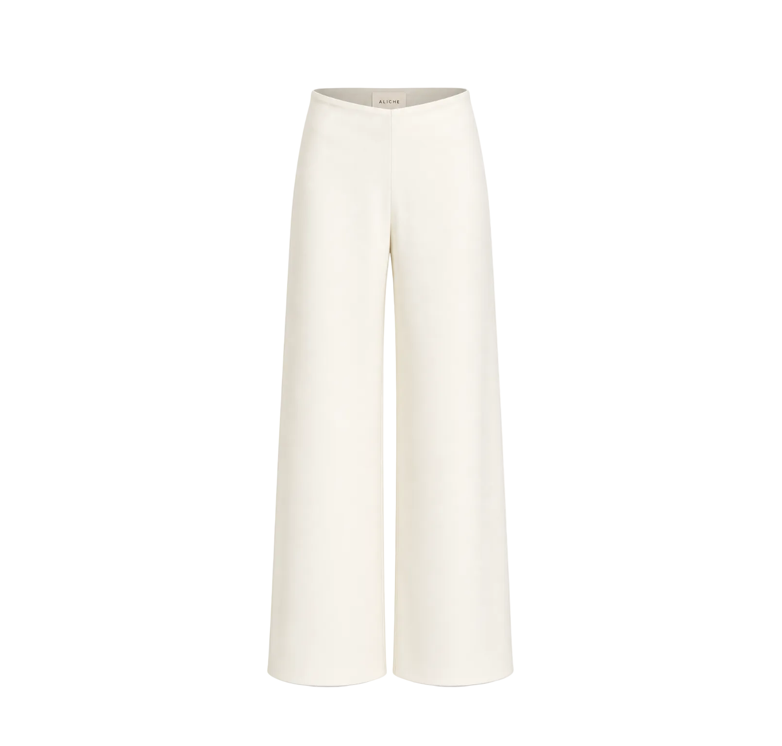 Front view of ivory high-waisted wide-leg trousers with a minimalist tailored silhouette on a light grey background.