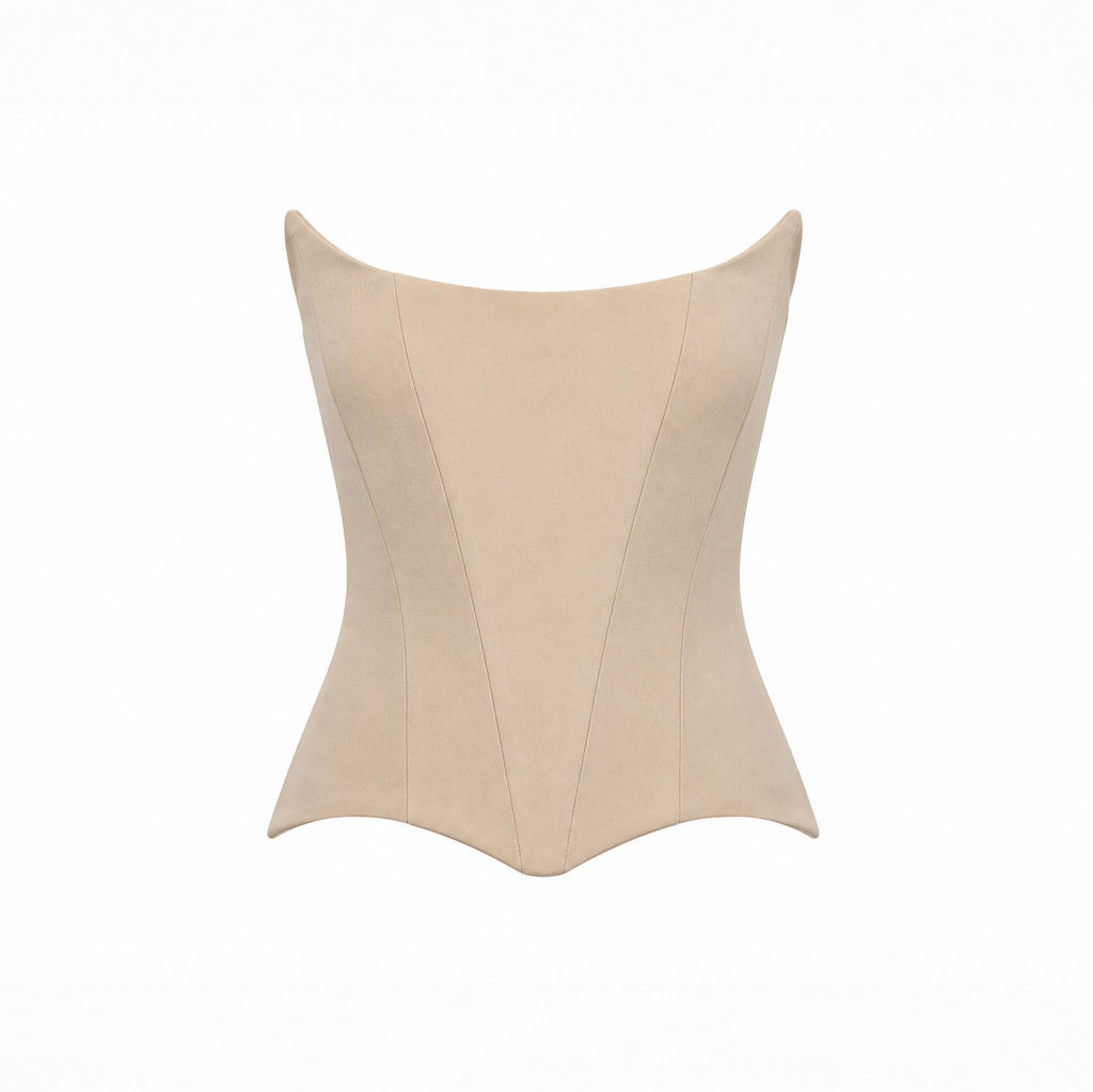 Front view of a sand structured corset top with a minimalist silhouette on a light grey background.