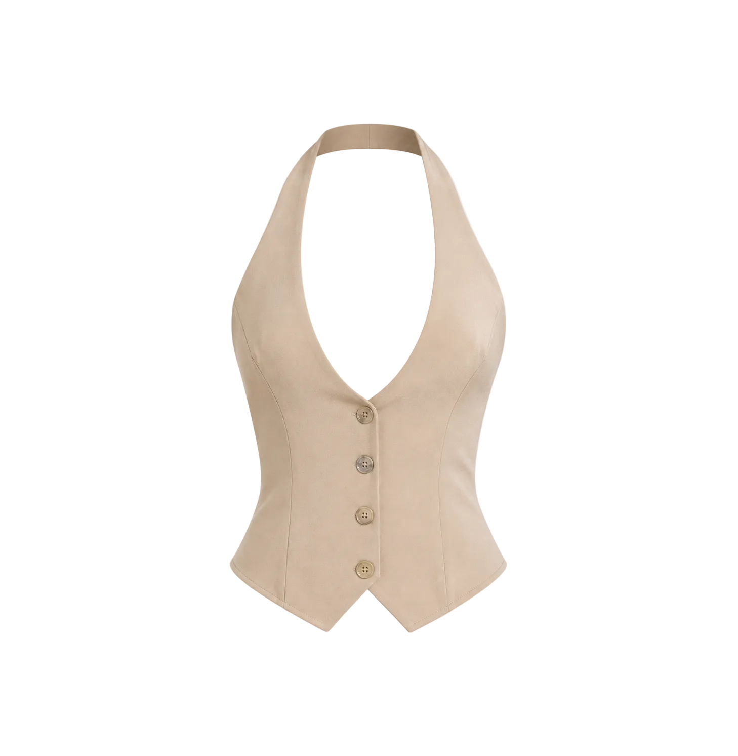 Front view of a sand halter vest with button detailing and a tailored silhouette on a light grey background.