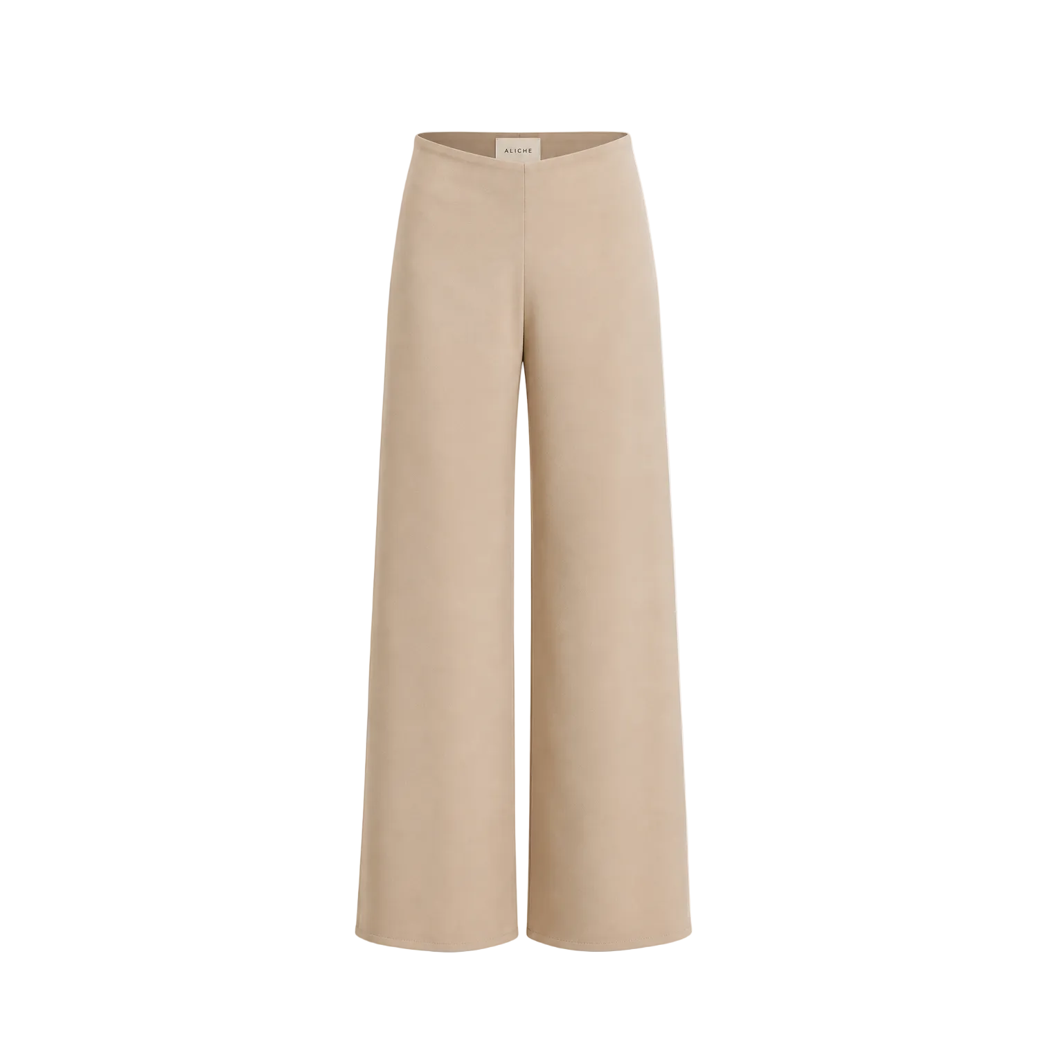 High-waisted sand wide-leg trousers with a minimalist tailored silhouette on a light grey background.